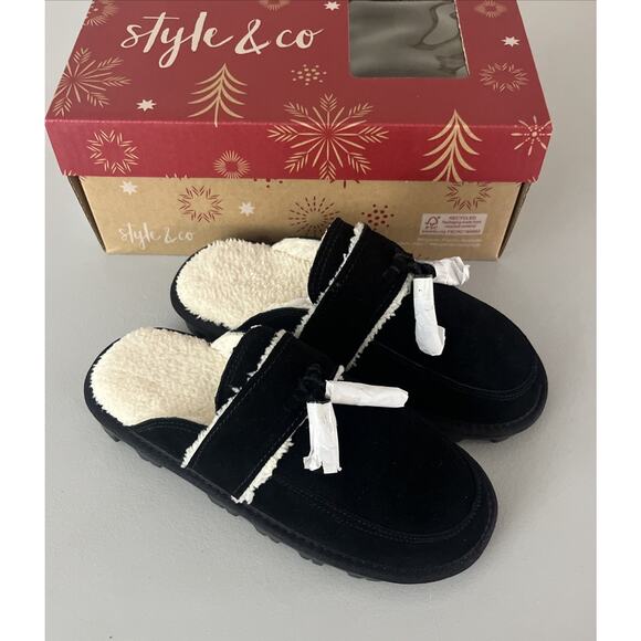 Style & Co Leather and Faux Fur Slippers Womens 7 Black Slip On Slides Cushioned - Picture 1 of 8